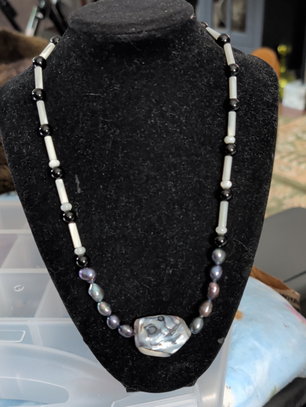 Hand Crafted Black and Iridescent Pearl Centerpiece Necklace